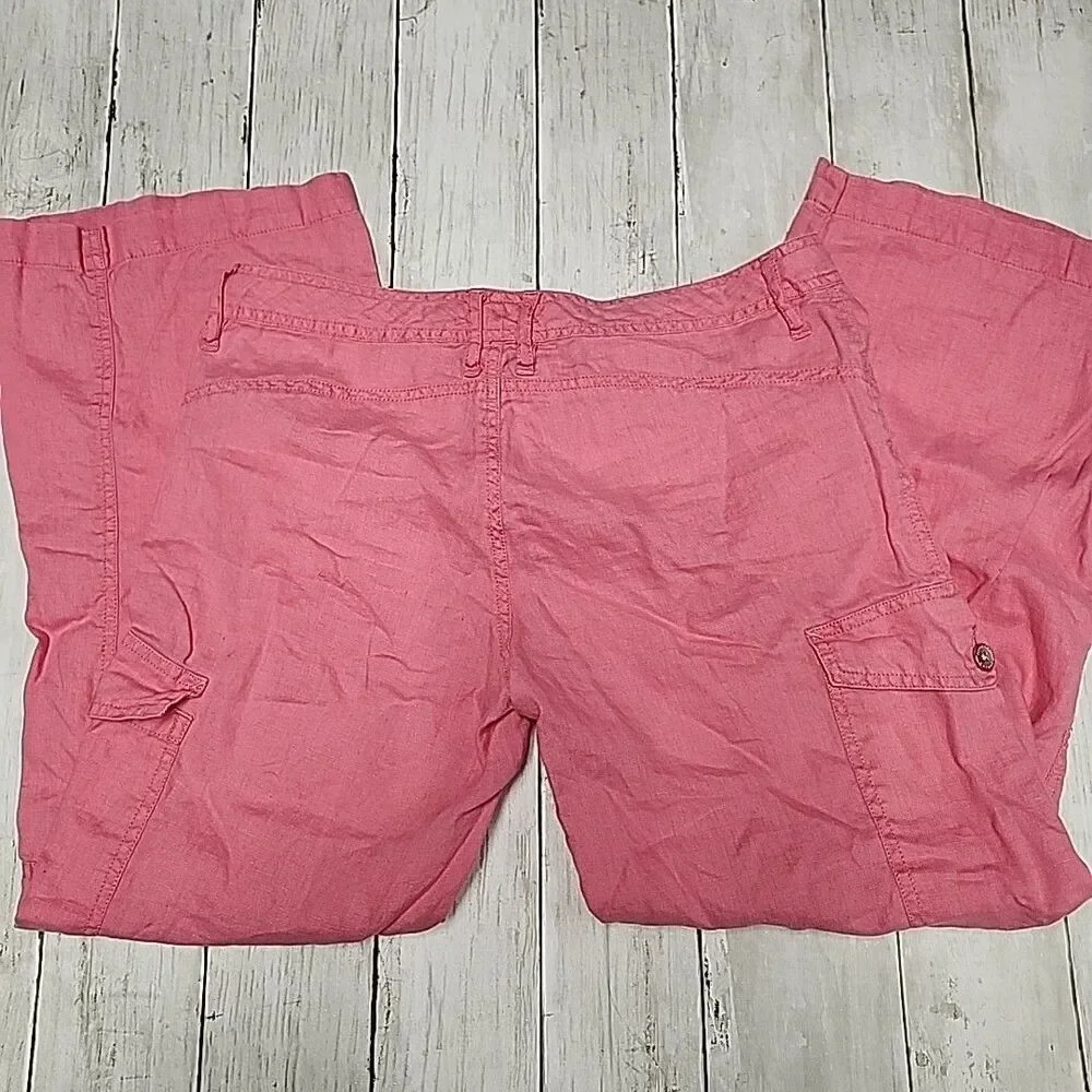 Express Women's Coral Pink 100% Linen Cargo Pants - Size 1/2 - Picture 4 of 11